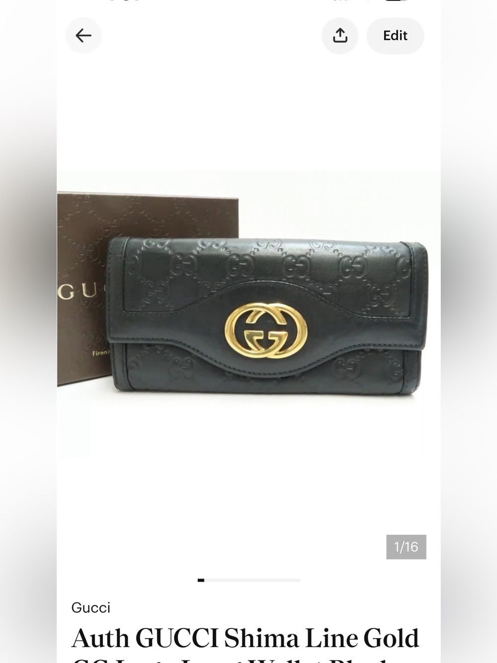 Auth GUCCI Shima Line Gold GG Logo Long Wallet Black Italy comes with box!!!